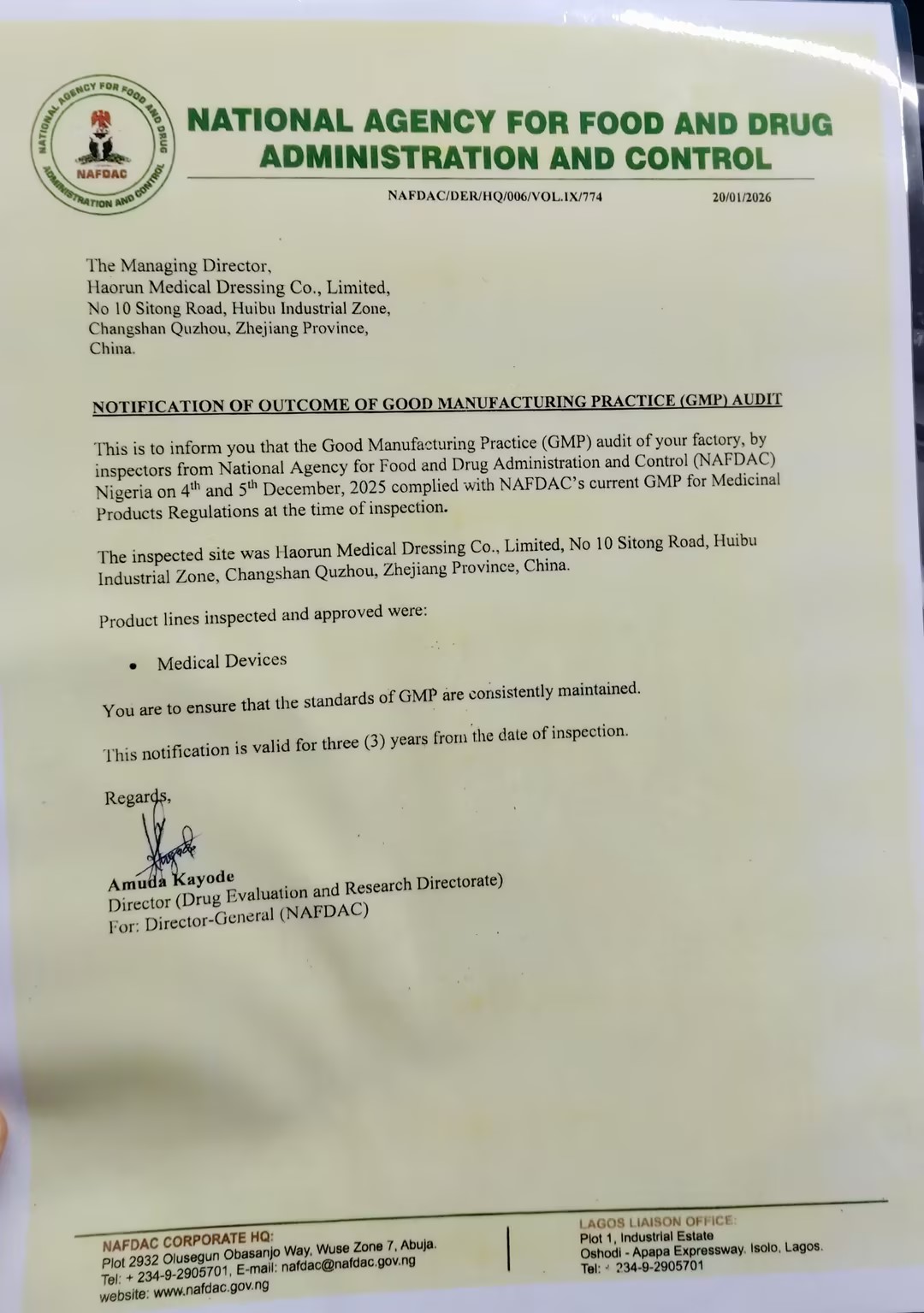Haorun Medical Products oficiálně získává registrační certifikaci NAFDAC v Nigérii